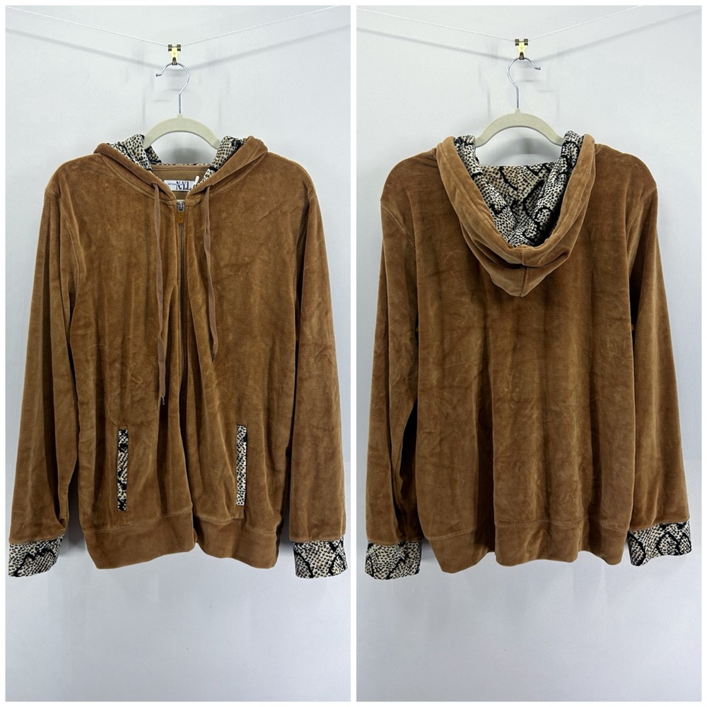 Vintage Y2K Brown Velour Zip Up Hoodie Snakeskin Trim Jacket X-Large